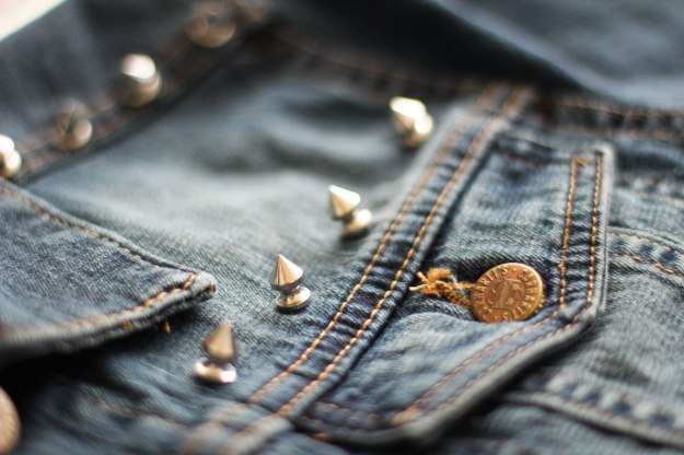 DIY studded jean jacket on Crafted in CarharttDIY studded jean jacket on Crafted in Carhartt